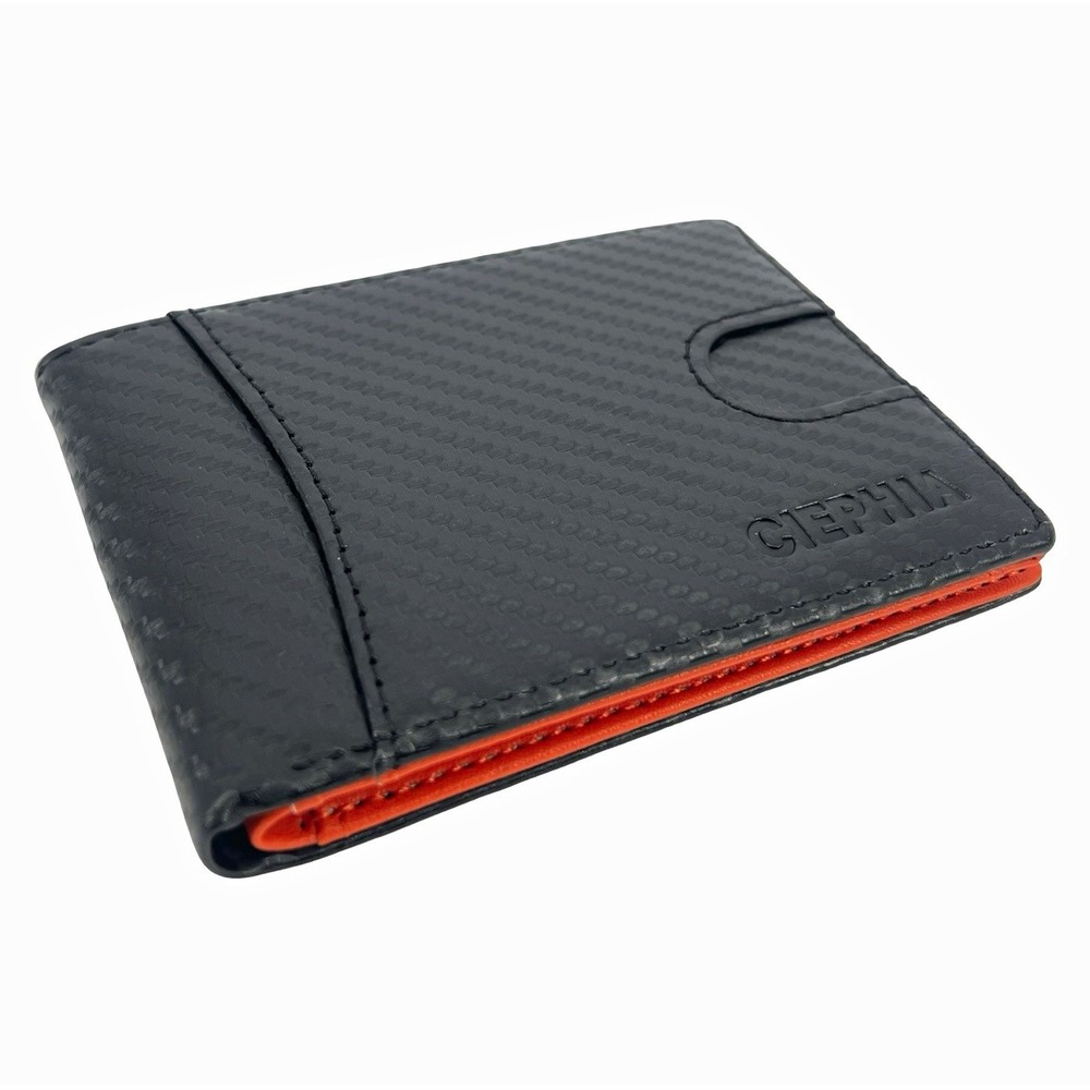 CIEPHIA Mens Bifold Wallet Black Orange Carbon Fiber Look ID Window Slim